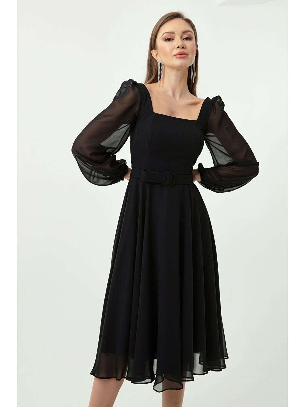 Kadın Siyah Kare Yaka Kemerli Midi Şifon Abiye Elbise-2