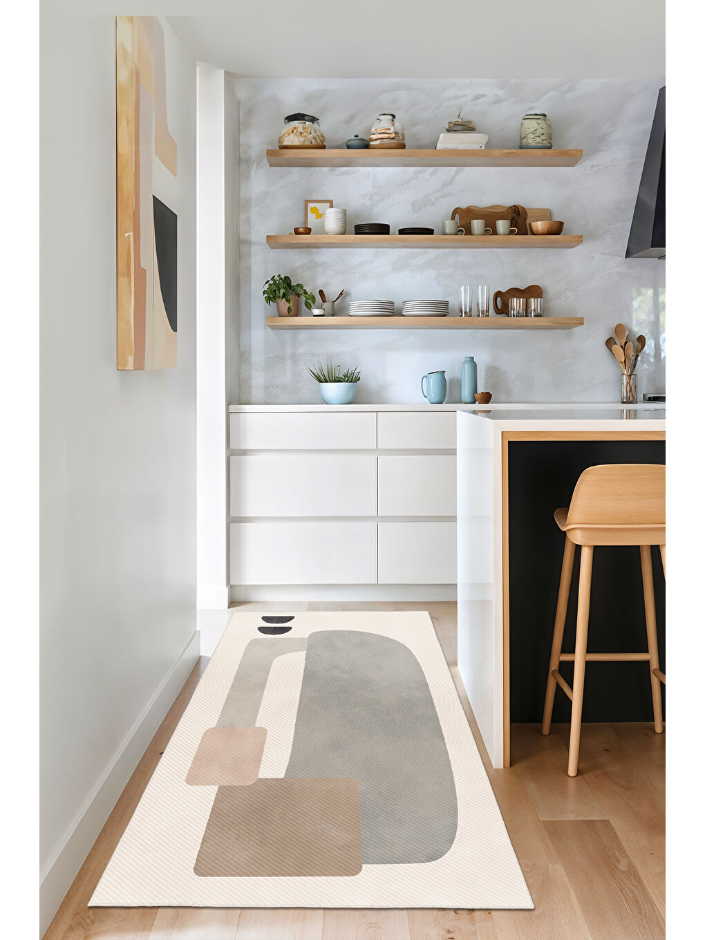 Ekru Dekoratif Salon Halısı, Makinada Yıkanabilir, Kaymaz Taban, İnce & Modern Tasarım-3