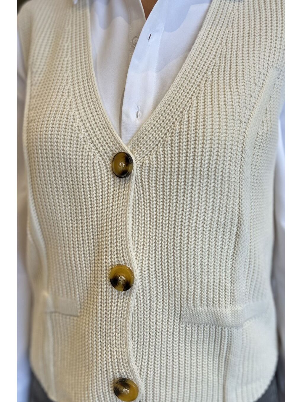 Ekru Kadın Düğmeli Triko Yelek (s-m-l-xl Uyumludur)-3