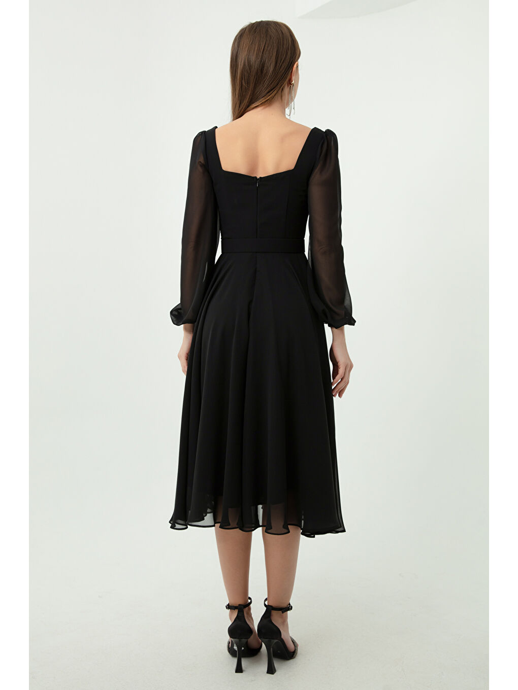 Kadın Siyah Kare Yaka Kemerli Midi Şifon Abiye Elbise-4