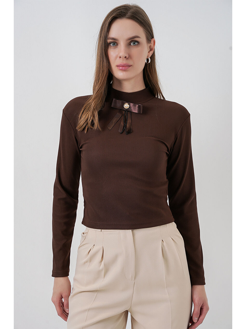 Kadın Kurdale Detay Uzun Kollu Bluz 977 - Kahverengi-1