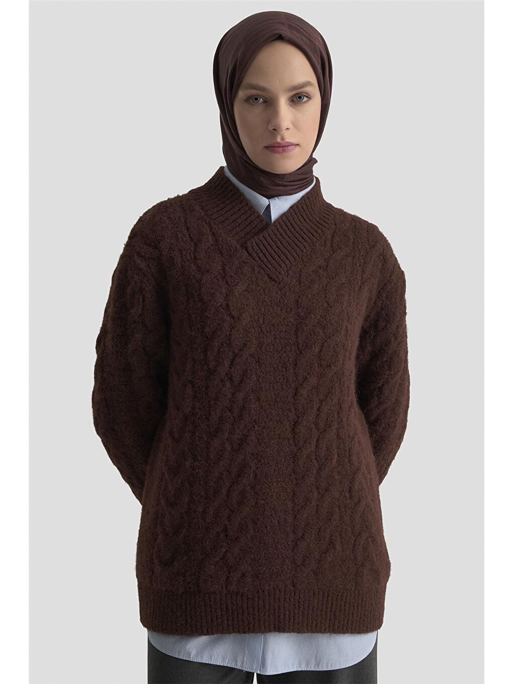 Kahverengi Saç Örgü Desenli Kazak 25Kd6002 Kızıl Kahve-2