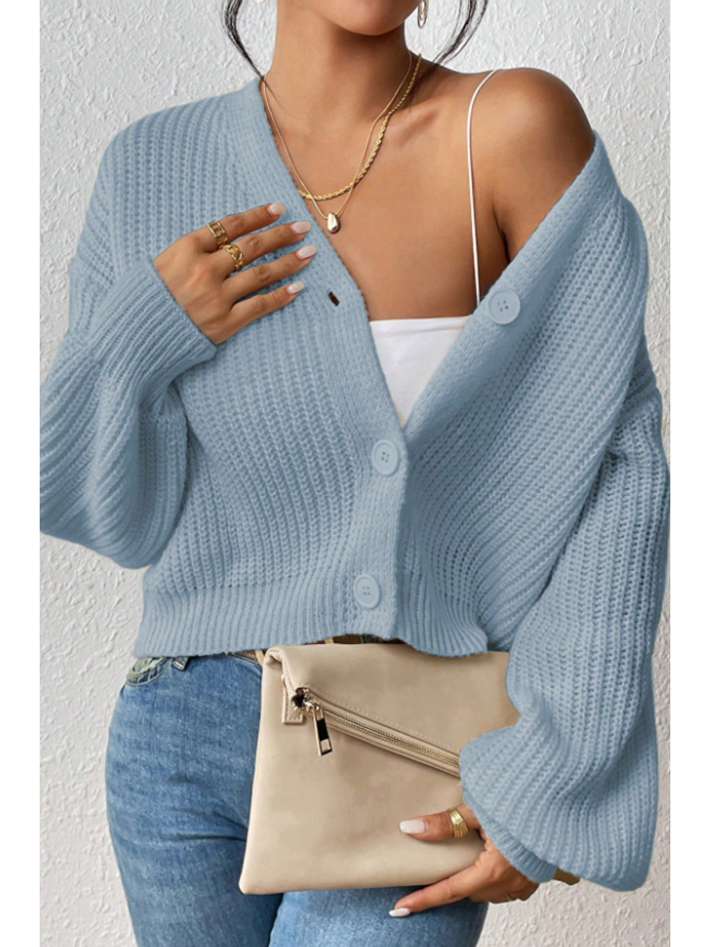 Kadın Bebe Mavisi V Yaka  Uzun Kollu Düğmeli Triko Hırka-3