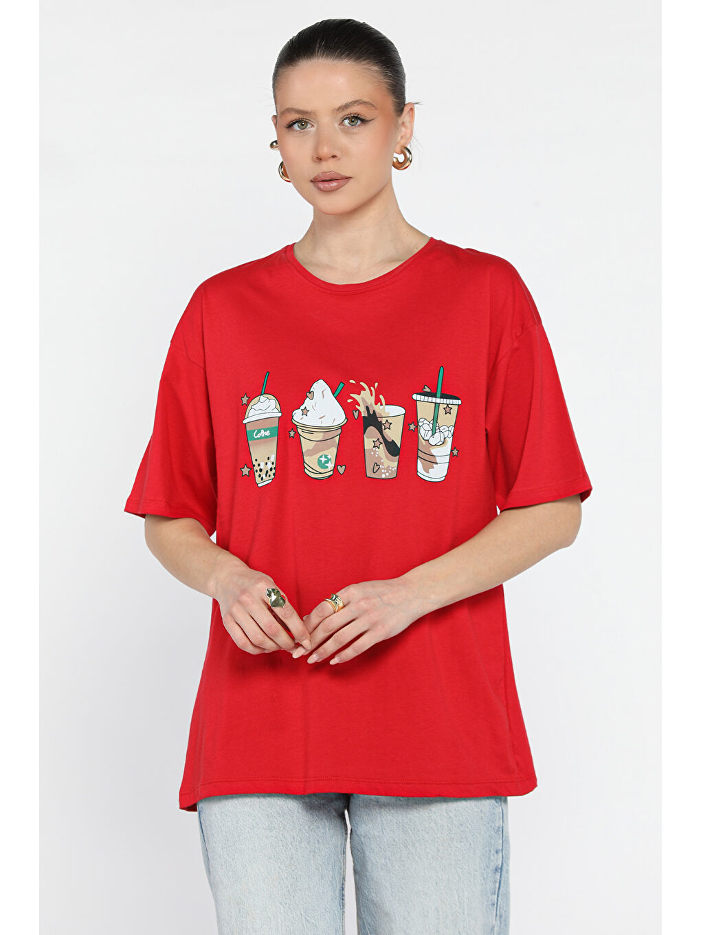 Kırmızı Bisiklet Yaka Ön Baskılı Kadın Tişört-1