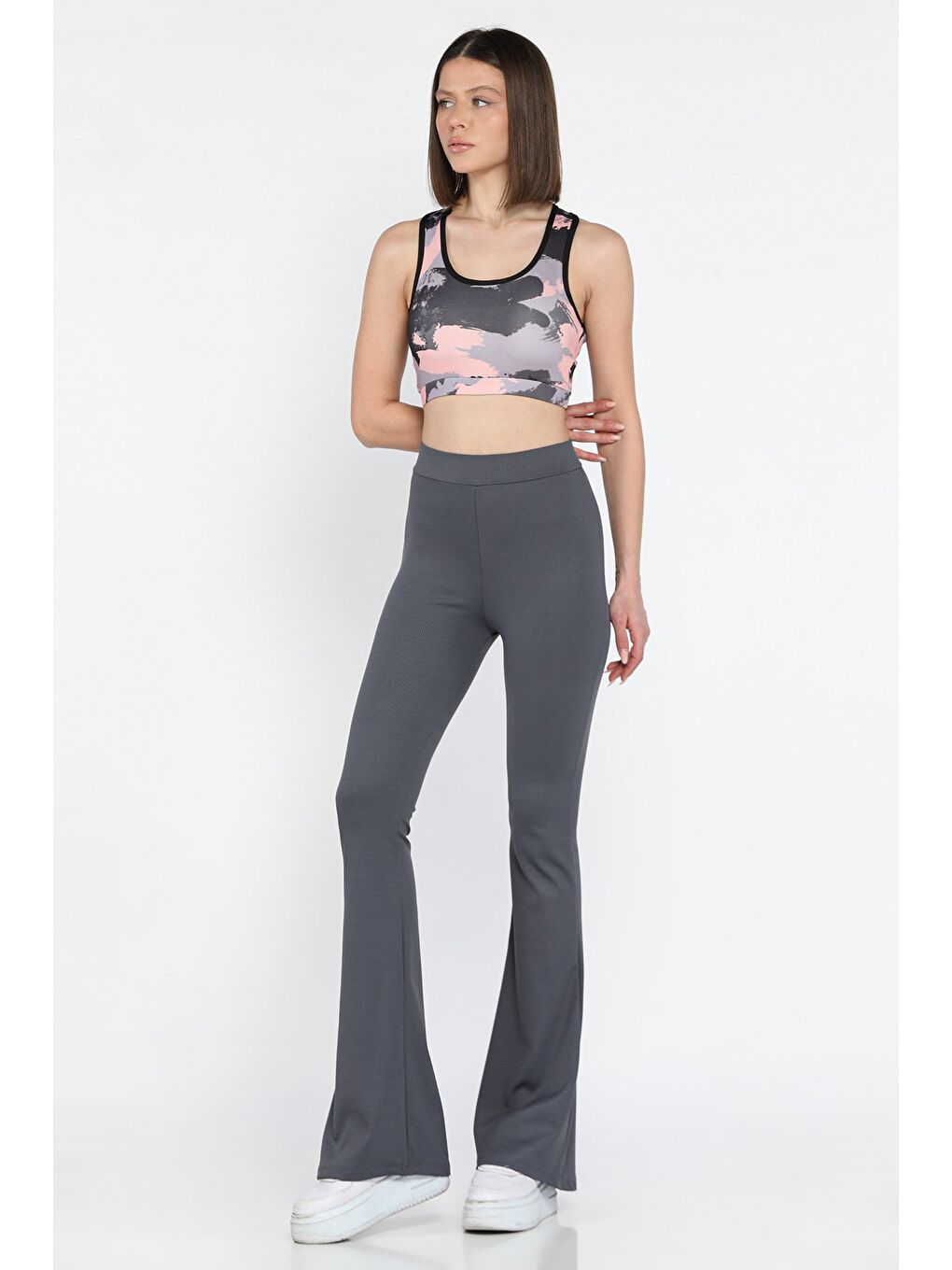 Gri Kadın Yüksek Bel Fitilli İspanyol Paça Tayt