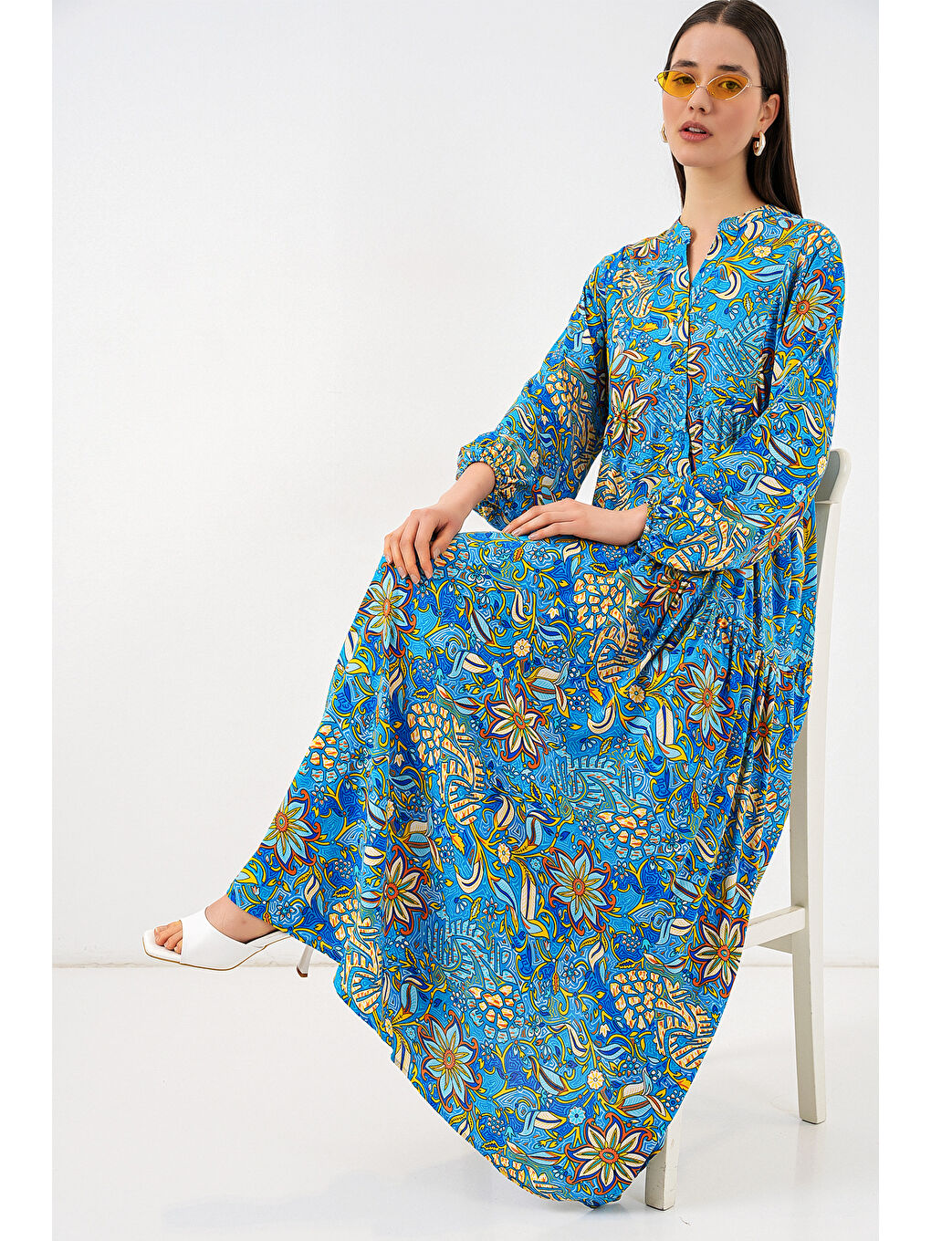 Kadın Desenli Uzun Tesettür Elbise 2585 - Turkuaz-1