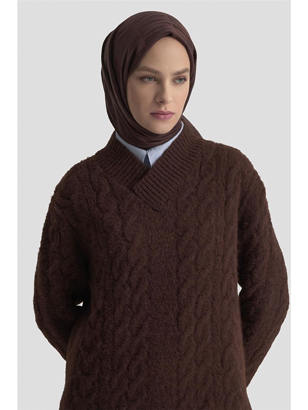 Kahverengi Saç Örgü Desenli Kazak 25Kd6002 Kızıl Kahve-3