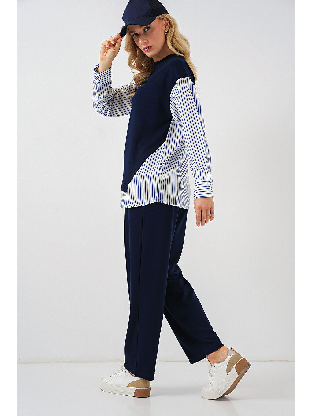 Kadın Çizgili Dokuma İkili Takım 6750 - Lacivert