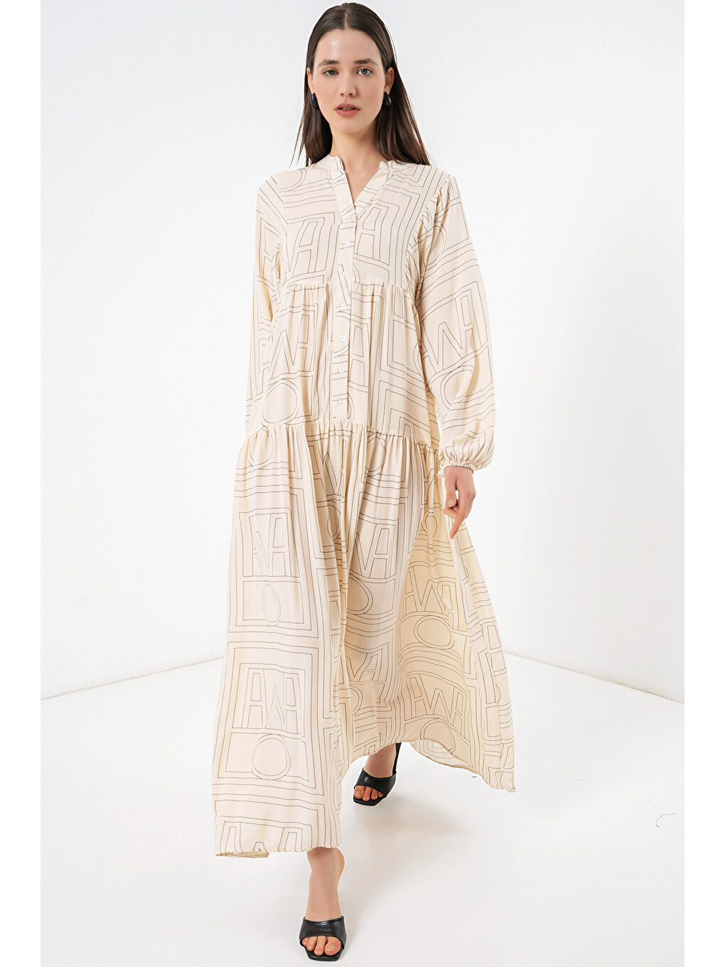 Ekru Kadın Desenli Uzun Tesettür Elbise 2585 - Düz Krem