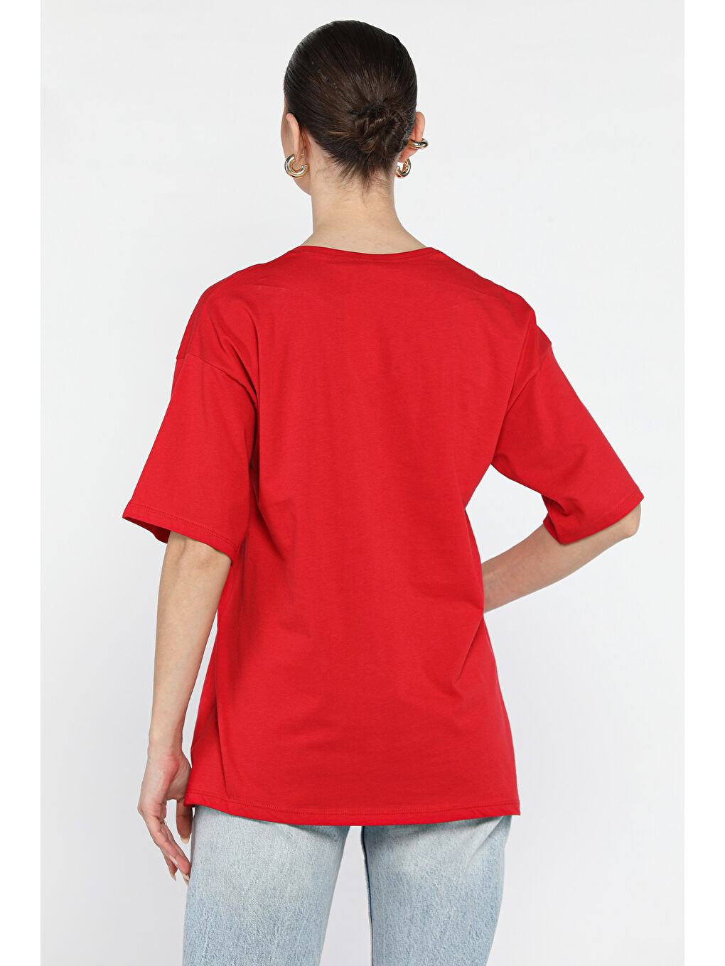 Kırmızı Bisiklet Yaka Ön Baskılı Kadın Tişört-2