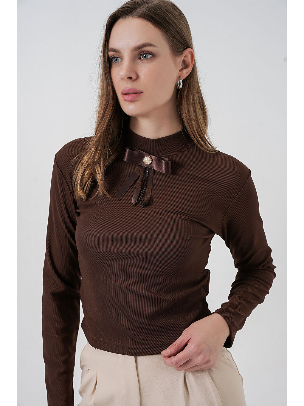 Kadın Kurdale Detay Uzun Kollu Bluz 977 - Kahverengi-2