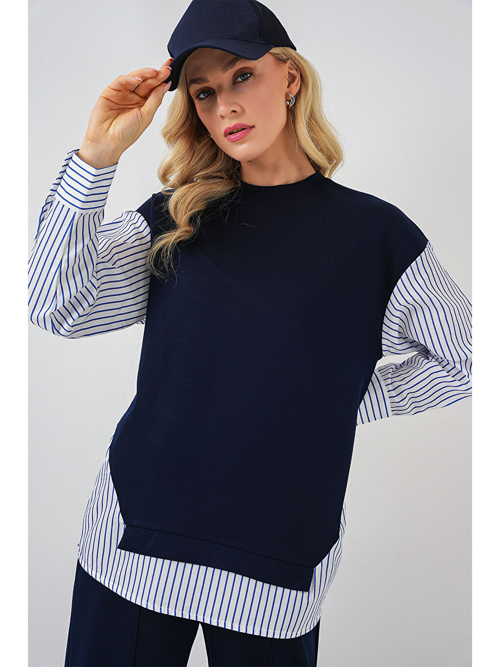 Kadın Çizgili Dokuma İkili Takım 6750 - Lacivert-1