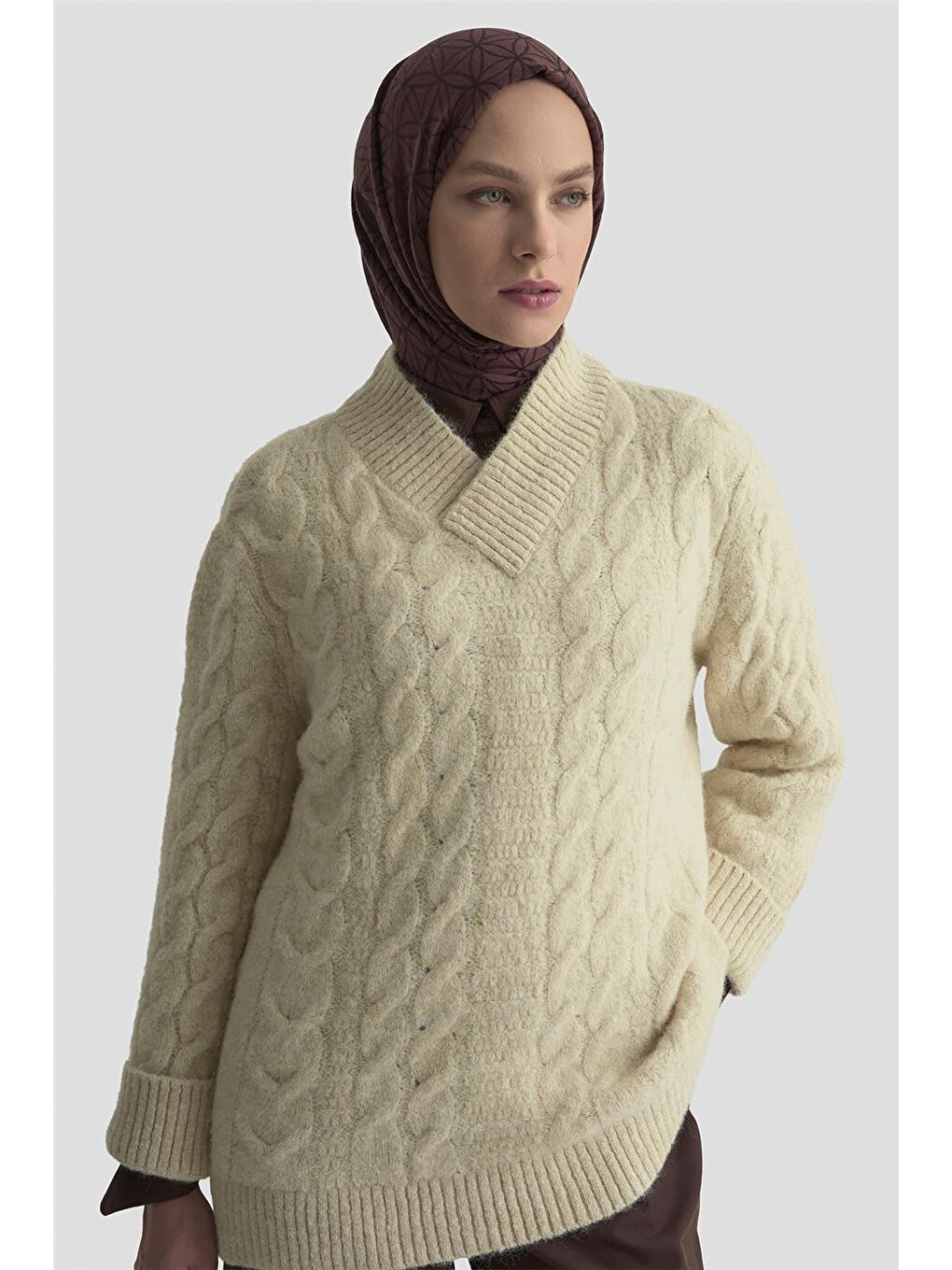 Saç Örgü Desenli Kazak 25Kd6002 Bej