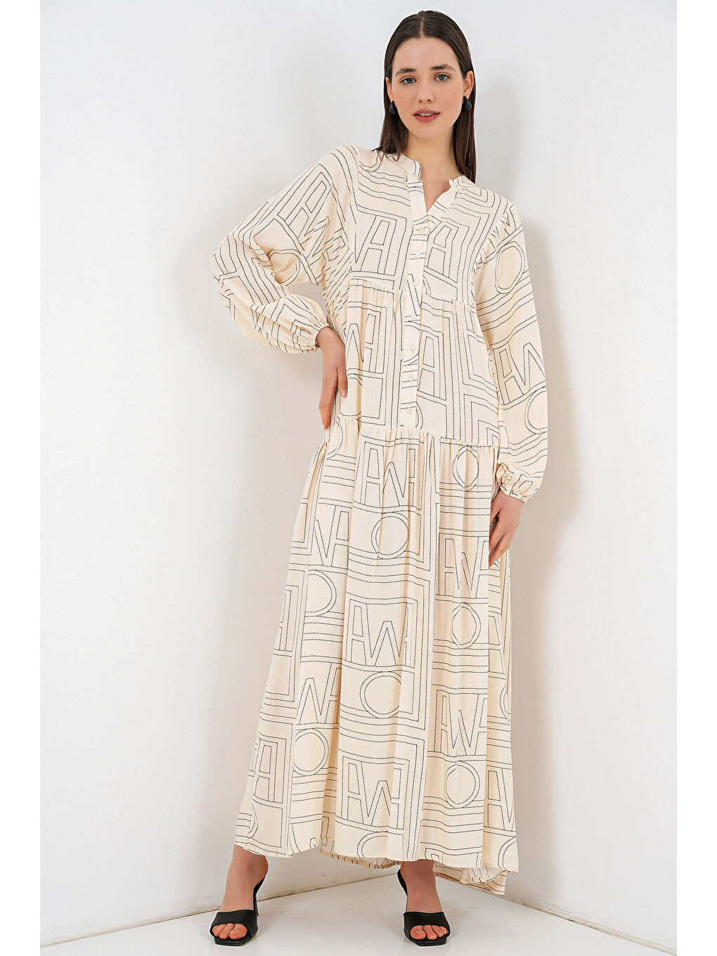 Ekru Kadın Desenli Uzun Tesettür Elbise 2585 - Düz Krem-1