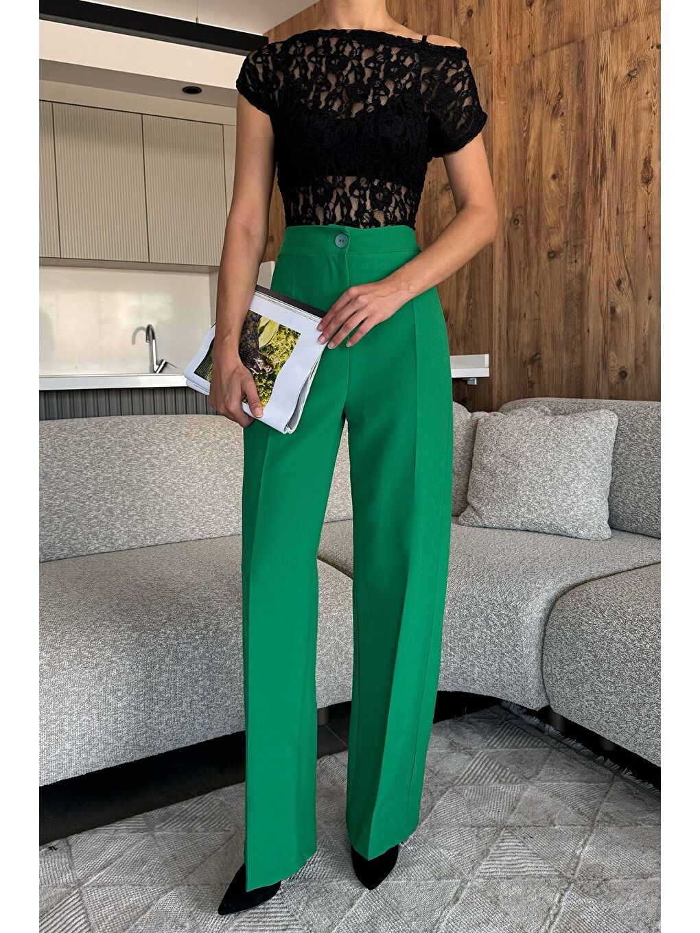 Yeşil Kadın Bol Paça Kumaş Pantolon-1