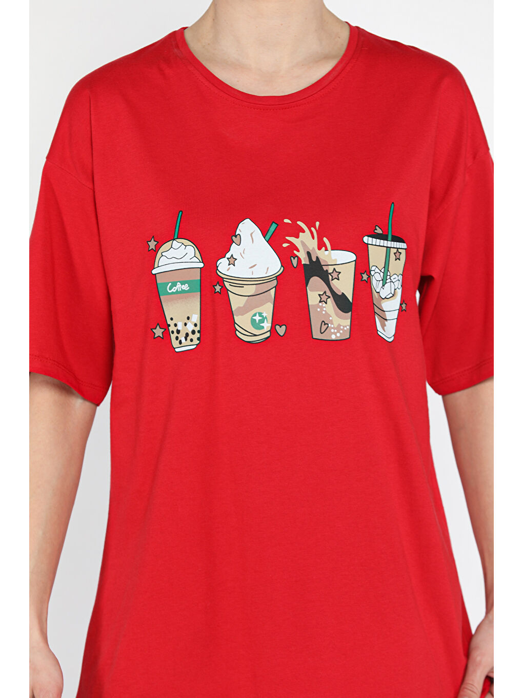 Kırmızı Bisiklet Yaka Ön Baskılı Kadın Tişört-3