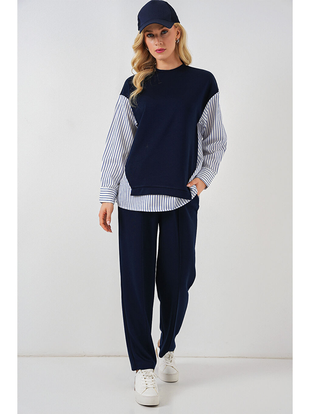 Kadın Çizgili Dokuma İkili Takım 6750 - Lacivert-2