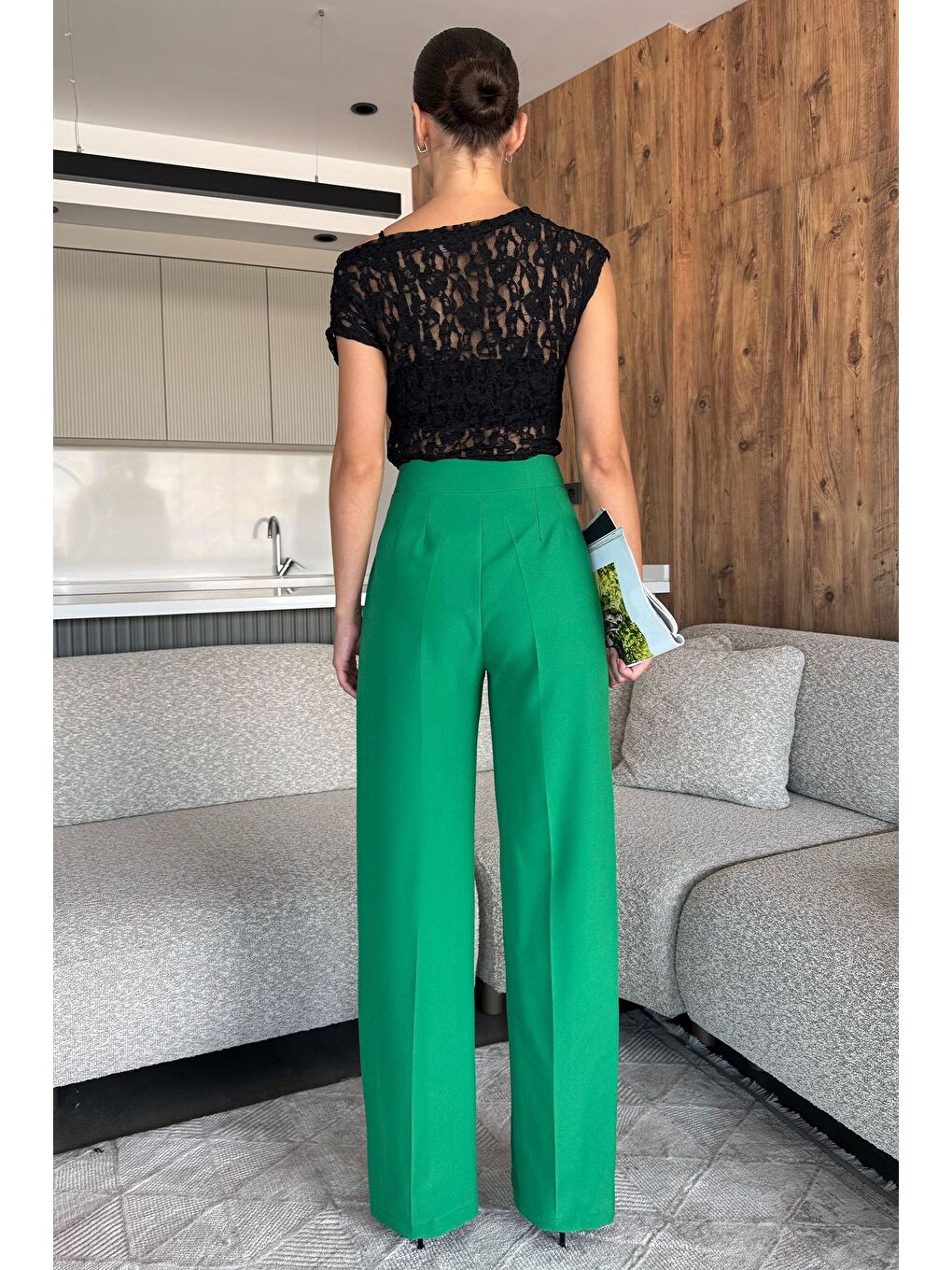 Yeşil Kadın Bol Paça Kumaş Pantolon-2