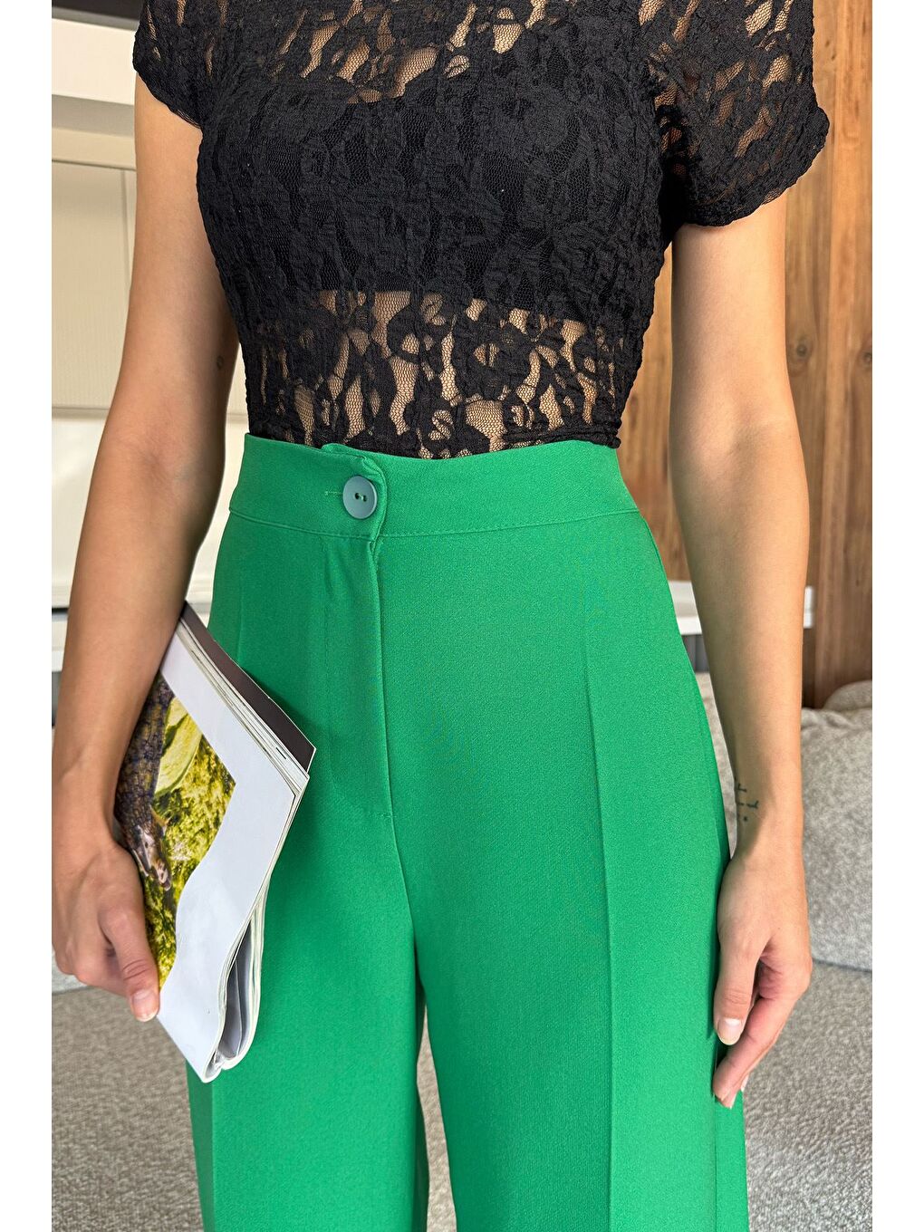 Yeşil Kadın Bol Paça Kumaş Pantolon-3