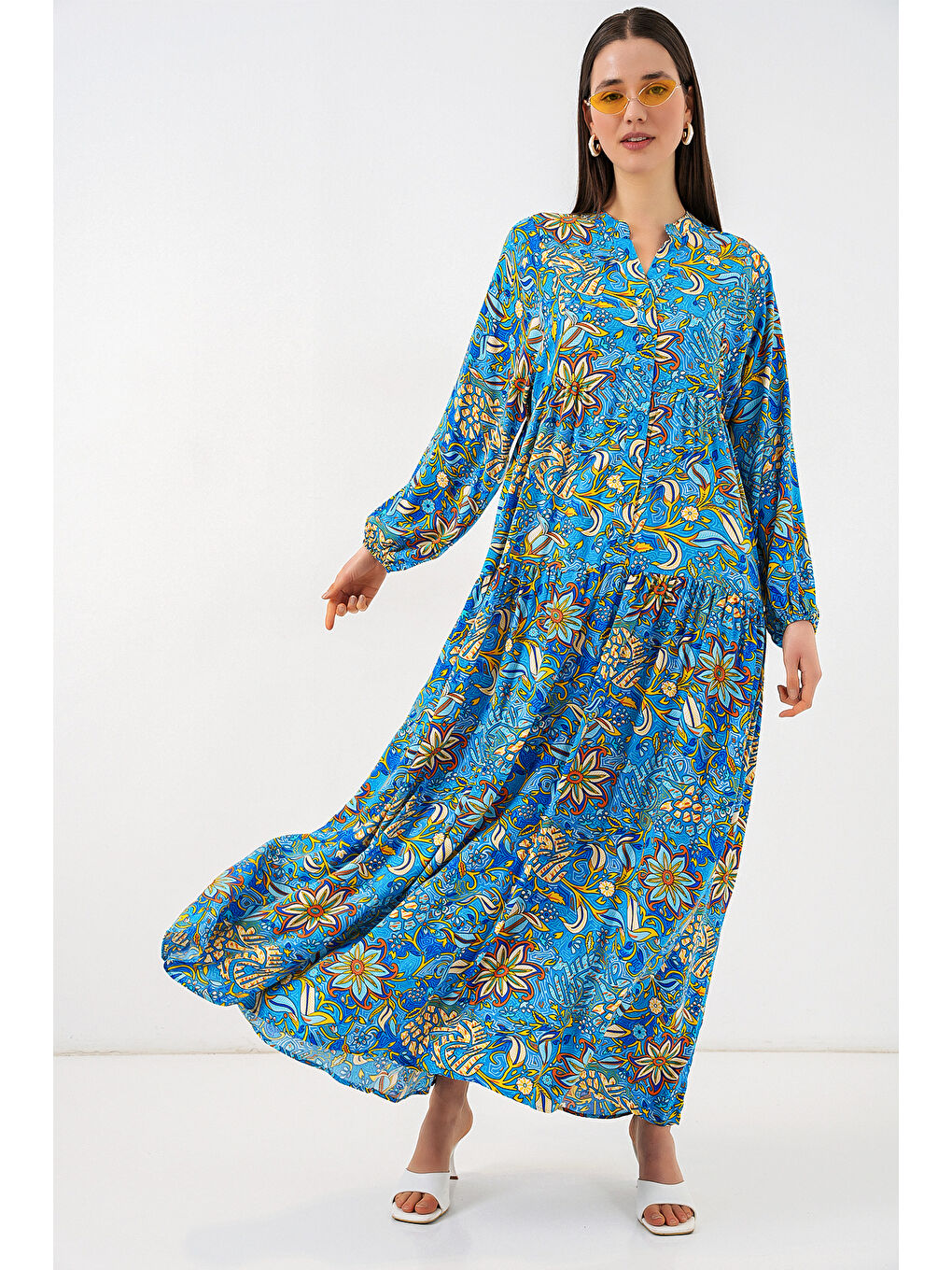 Kadın Desenli Uzun Tesettür Elbise 2585 - Turkuaz-2