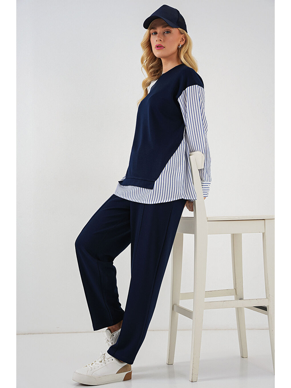 Kadın Çizgili Dokuma İkili Takım 6750 - Lacivert-4