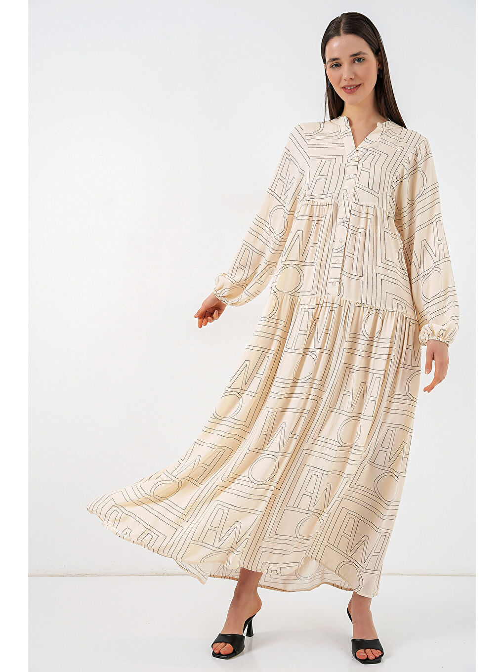 Ekru Kadın Desenli Uzun Tesettür Elbise 2585 - Düz Krem-3