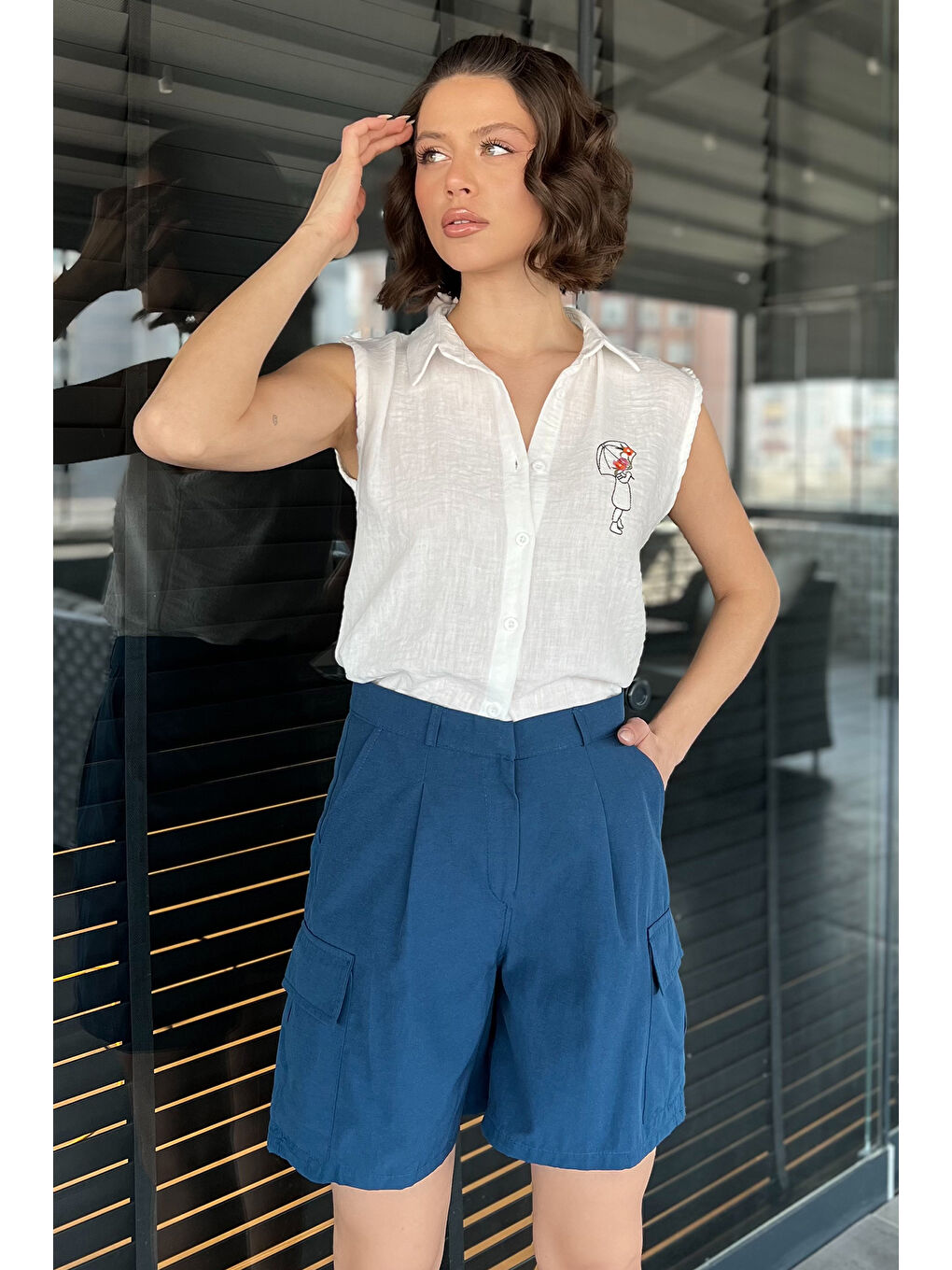 İndigo Kadın Yüksek Bel Kargo Cepli Şort