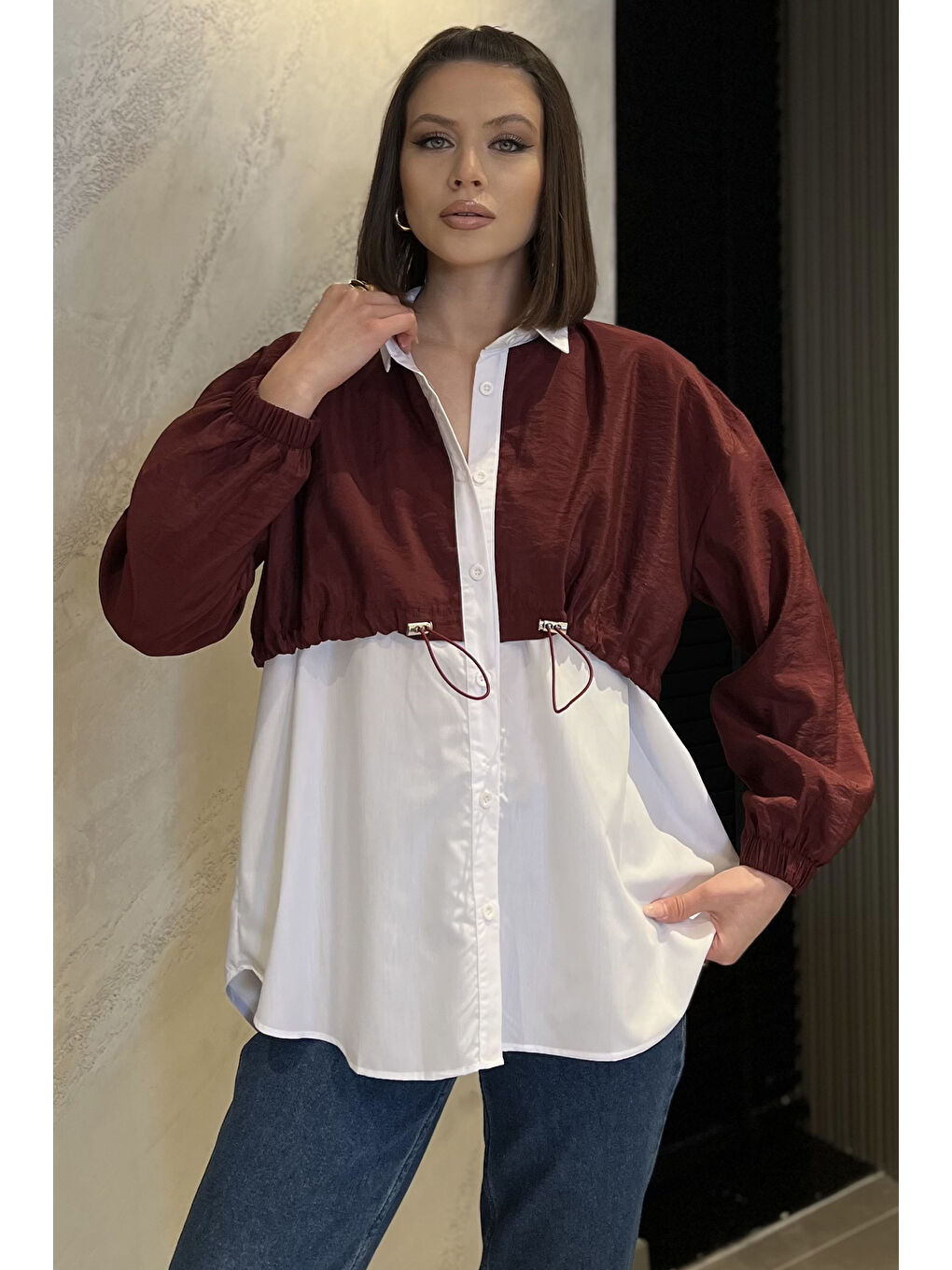 Bordo Bel Büzgülü Kadın Paraşüt Garnili Gömlek-1