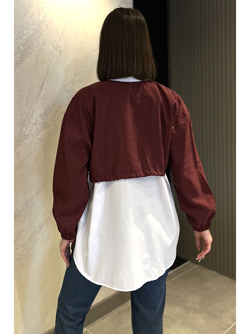 Bordo Bel Büzgülü Kadın Paraşüt Garnili Gömlek-2