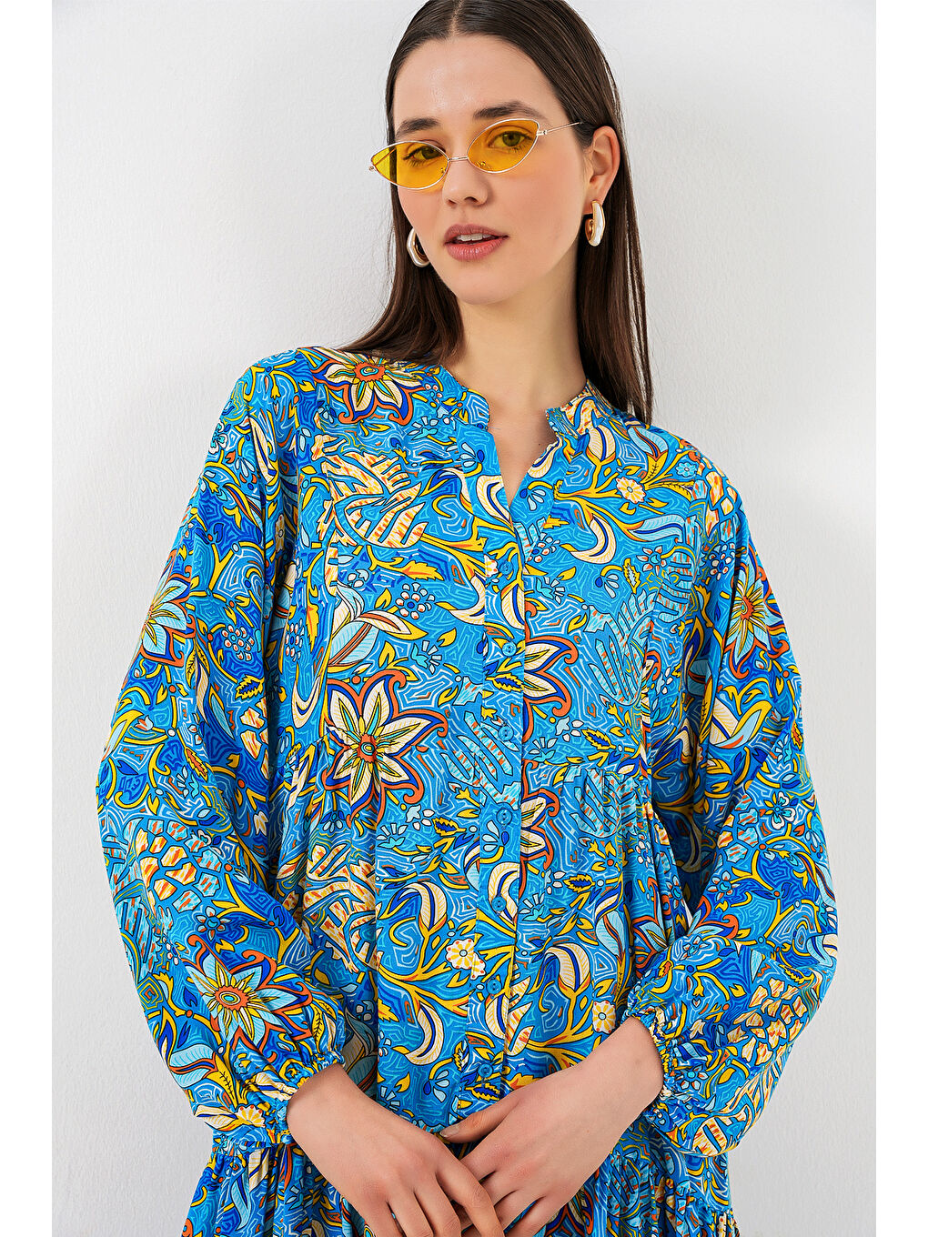 Kadın Desenli Uzun Tesettür Elbise 2585 - Turkuaz-3