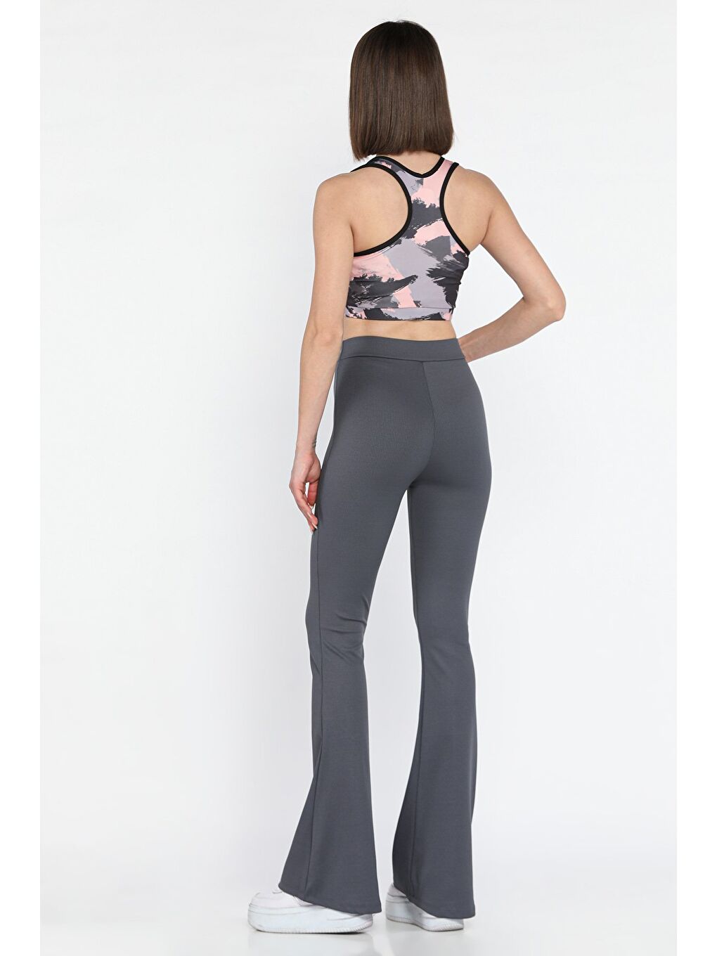 Gri Kadın Yüksek Bel Fitilli İspanyol Paça Tayt-2