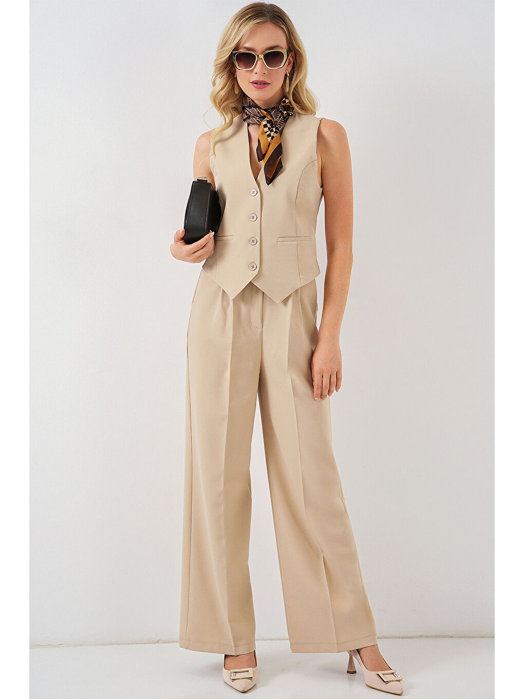 6709 Kadın Yelek Pantolon İkili Takım - Bej