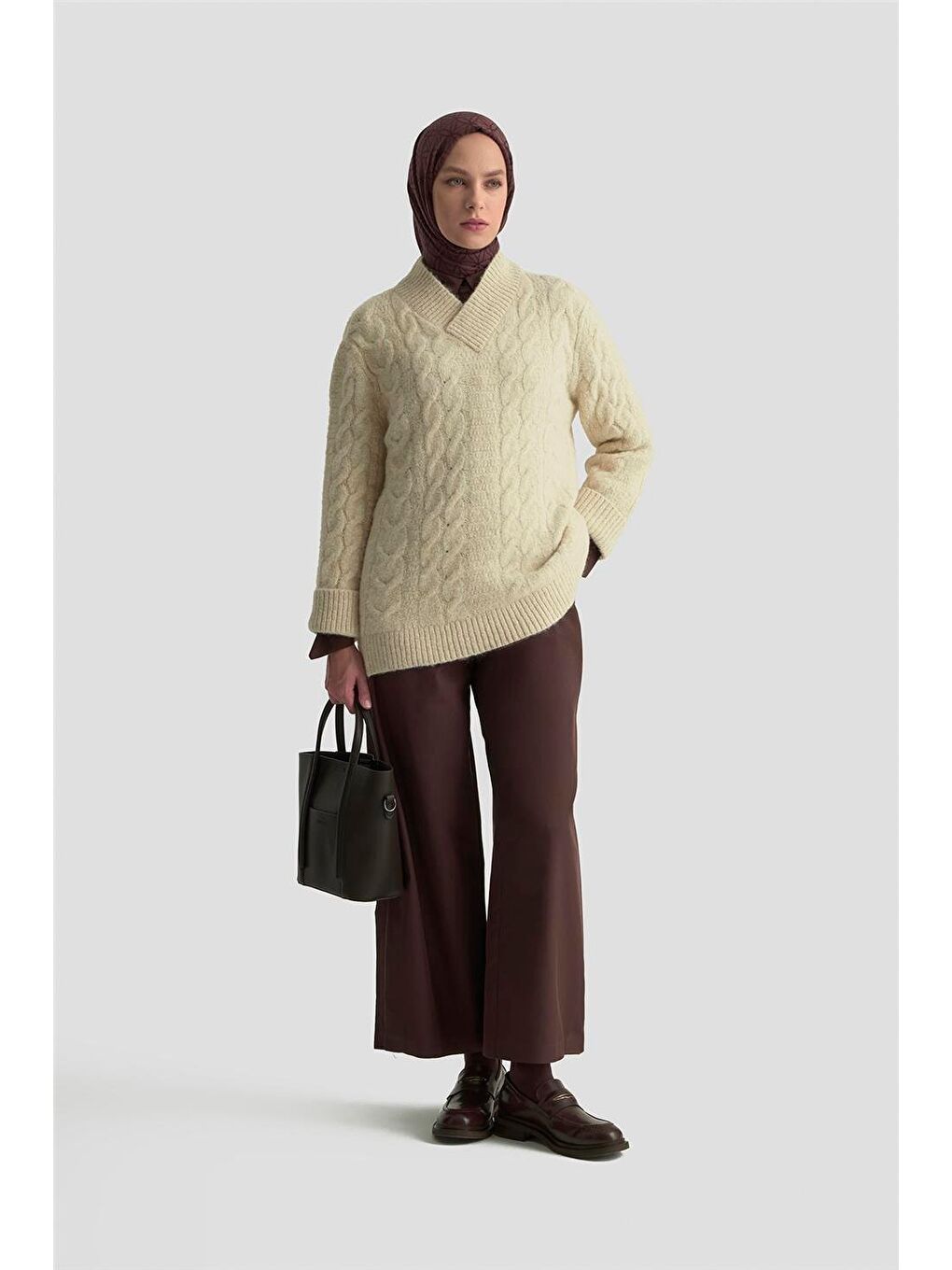 Saç Örgü Desenli Kazak 25Kd6002 Bej-1