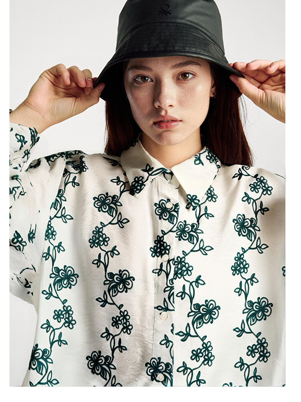 Lila Kadın Ekru-Yeşil Viskoz Karışımlı Çiçek Desenli Boxy Fit Gömlek-5