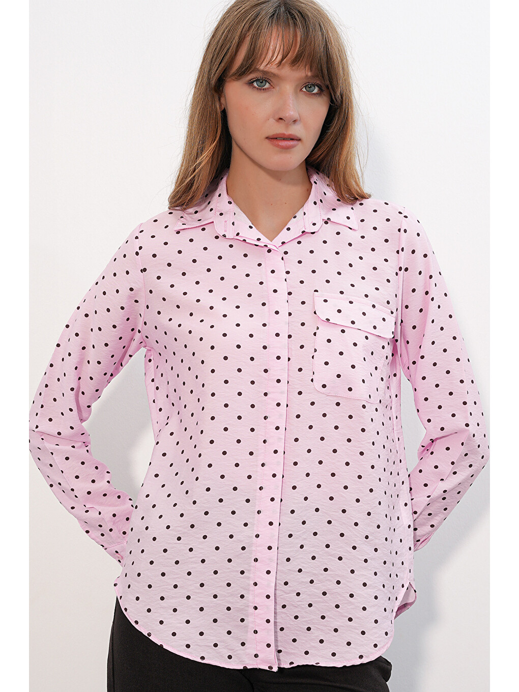 Kadın Tek Cepli Puantiyeli Oversize Gömlek 20399 - Pembe-1
