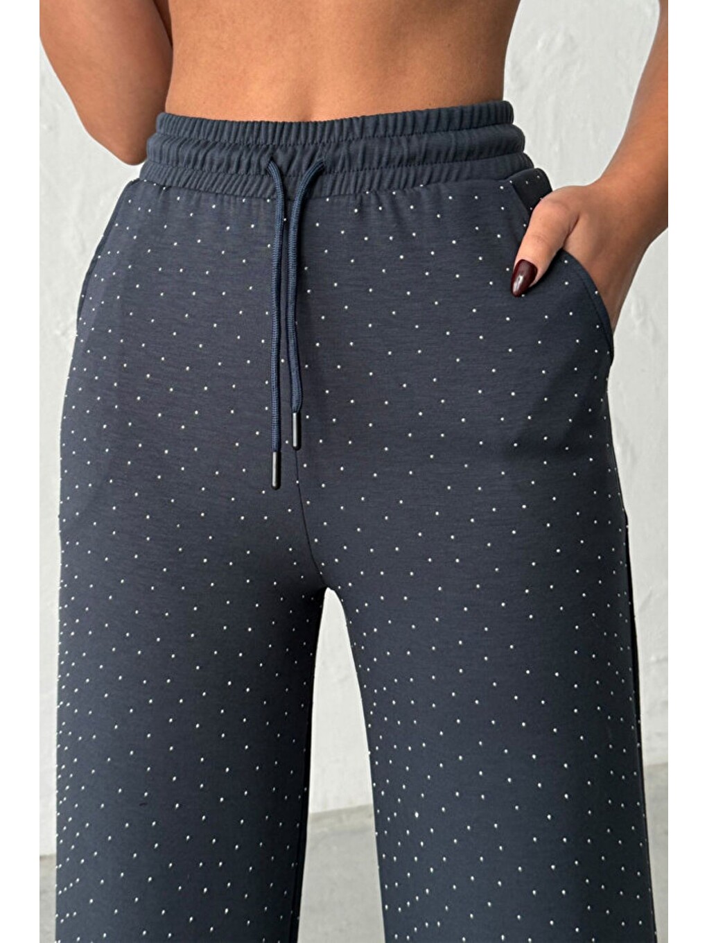Gri Kadın Taşlı Yüksek Kalite Beli Bağcıklı Yüksek Bel Pantolon-2