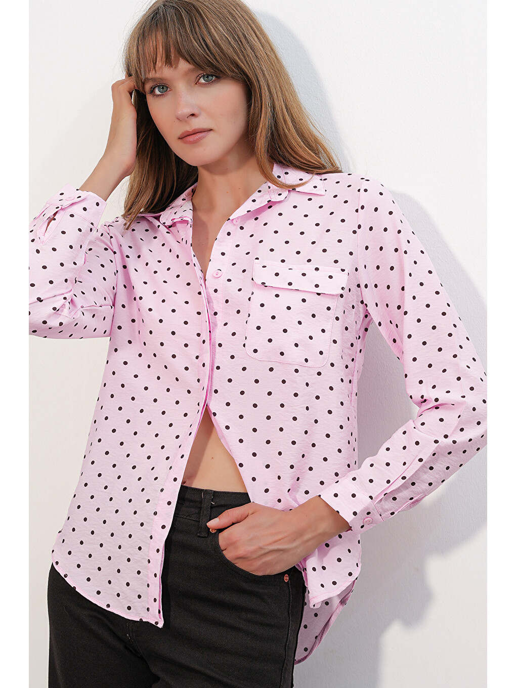 Kadın Tek Cepli Puantiyeli Oversize Gömlek 20399 - Pembe-2