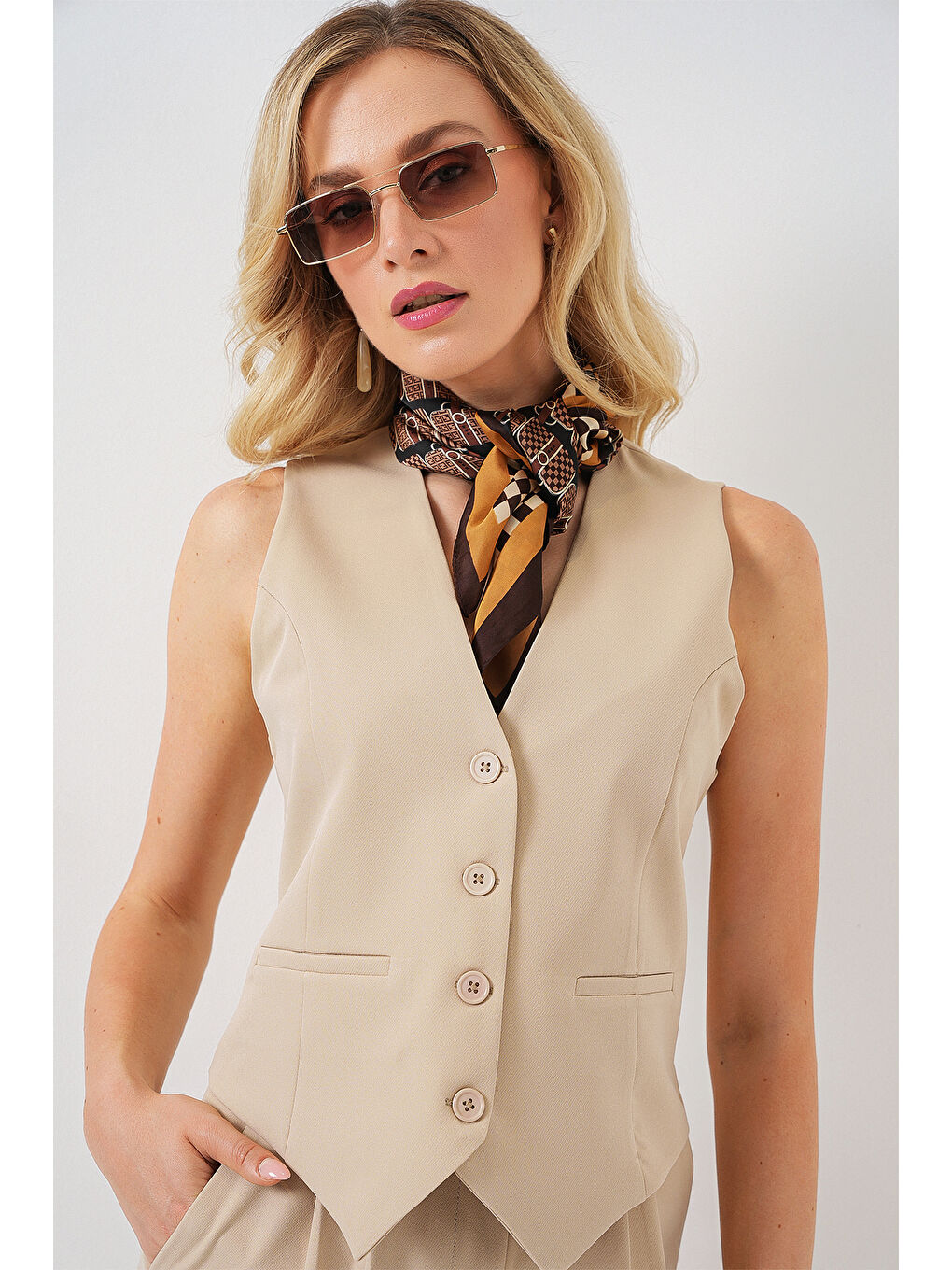 6709 Kadın Yelek Pantolon İkili Takım - Bej-1