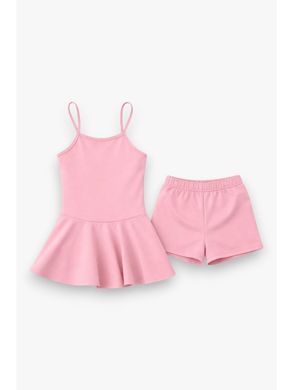 Pembe Kız Çocuk Garson Mayo Elbiseli Şortlu 2’li Takım 12415