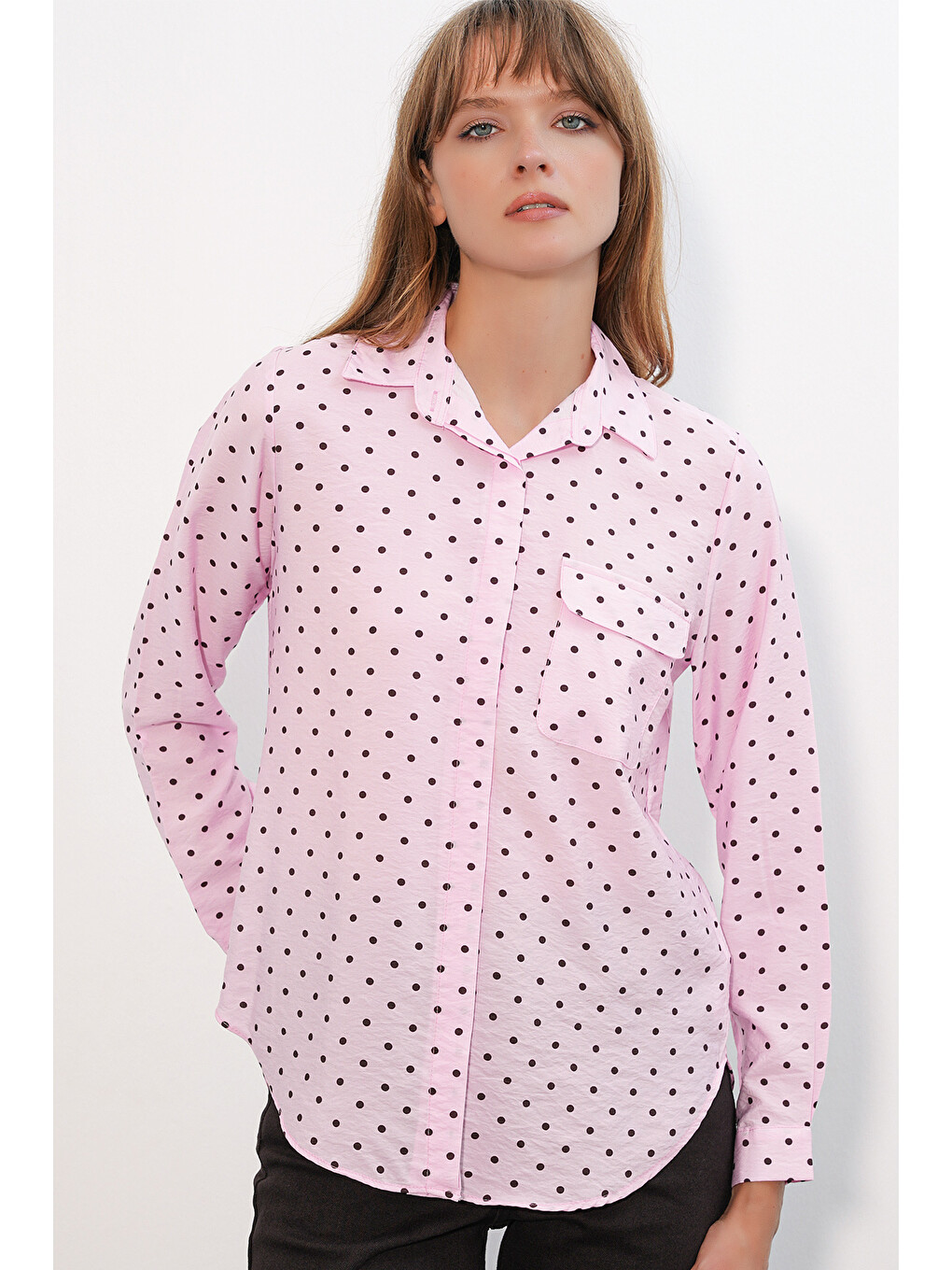 Kadın Tek Cepli Puantiyeli Oversize Gömlek 20399 - Pembe-3