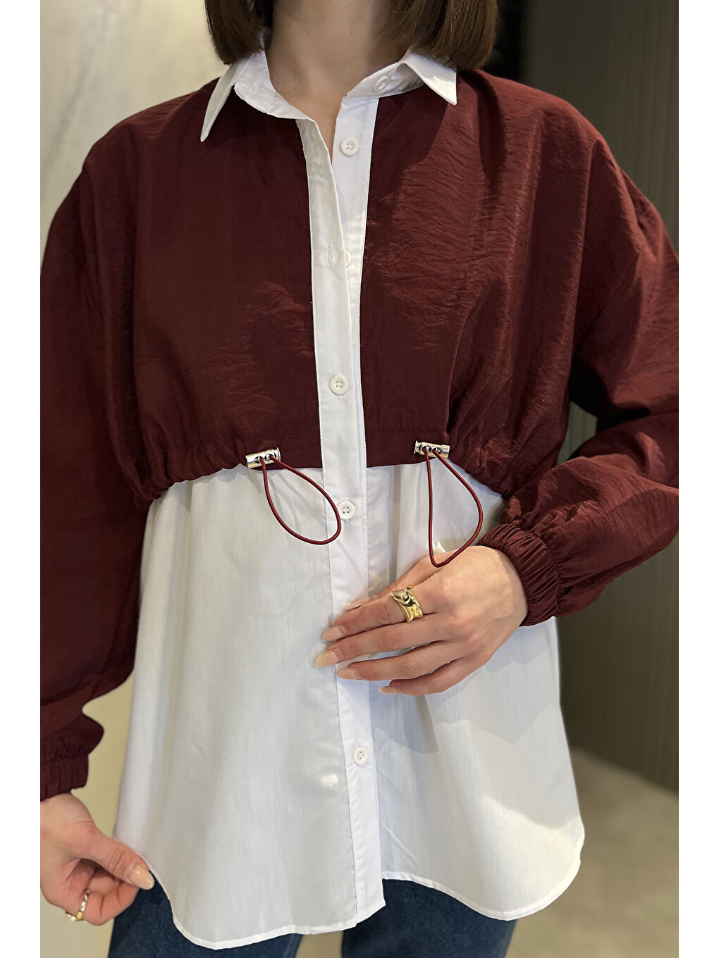 Bordo Bel Büzgülü Kadın Paraşüt Garnili Gömlek-3