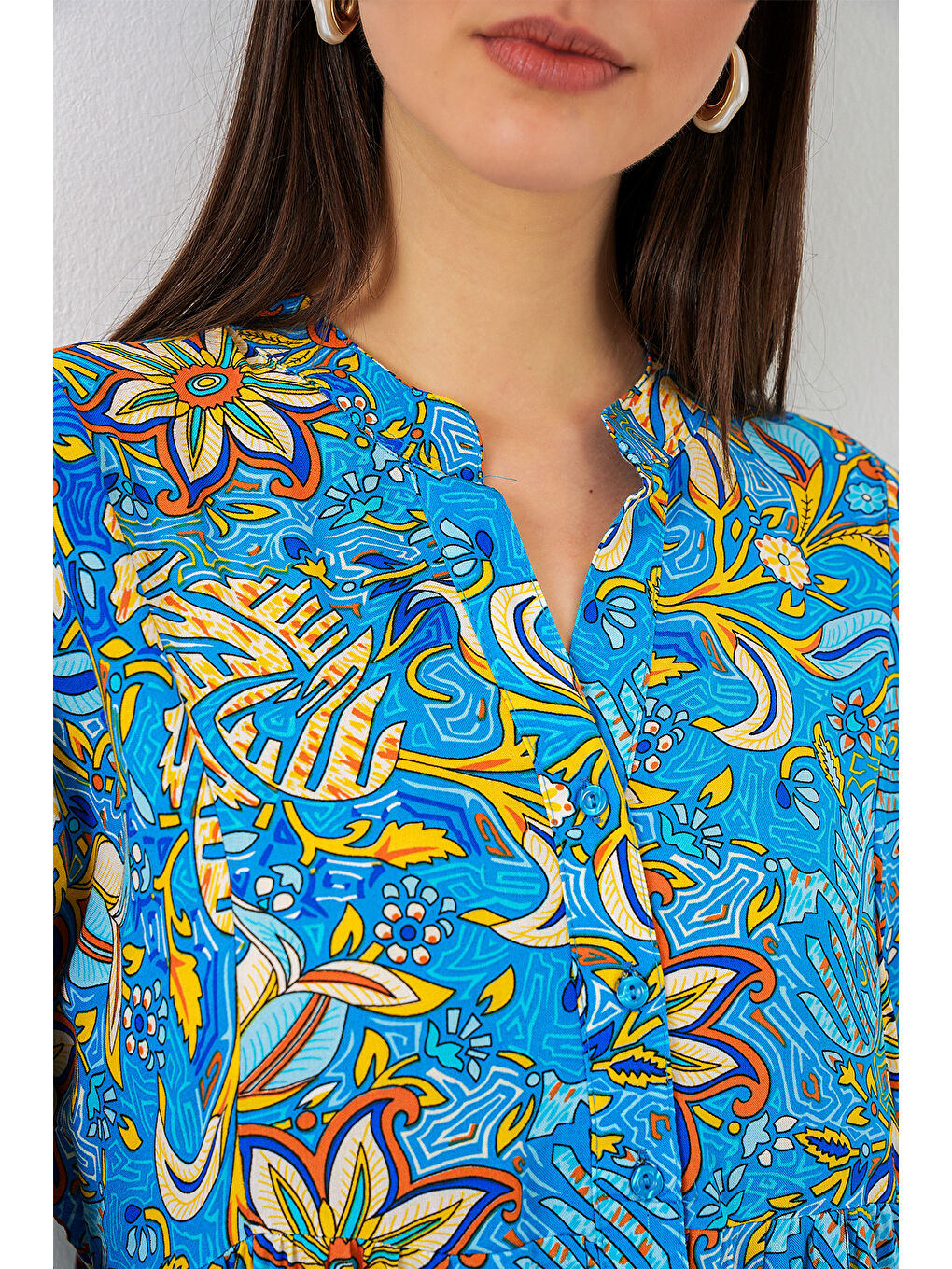 Kadın Desenli Uzun Tesettür Elbise 2585 - Turkuaz-4