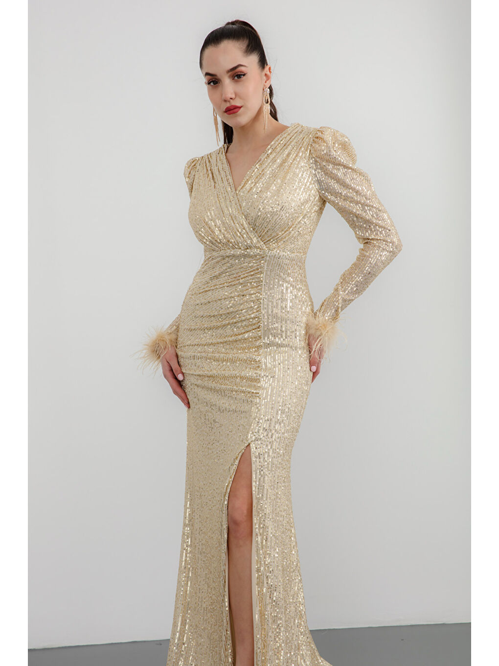 Sarı Kadın Gold Kruvaze Yaka Payetli Uzun Abiye Elbise-2