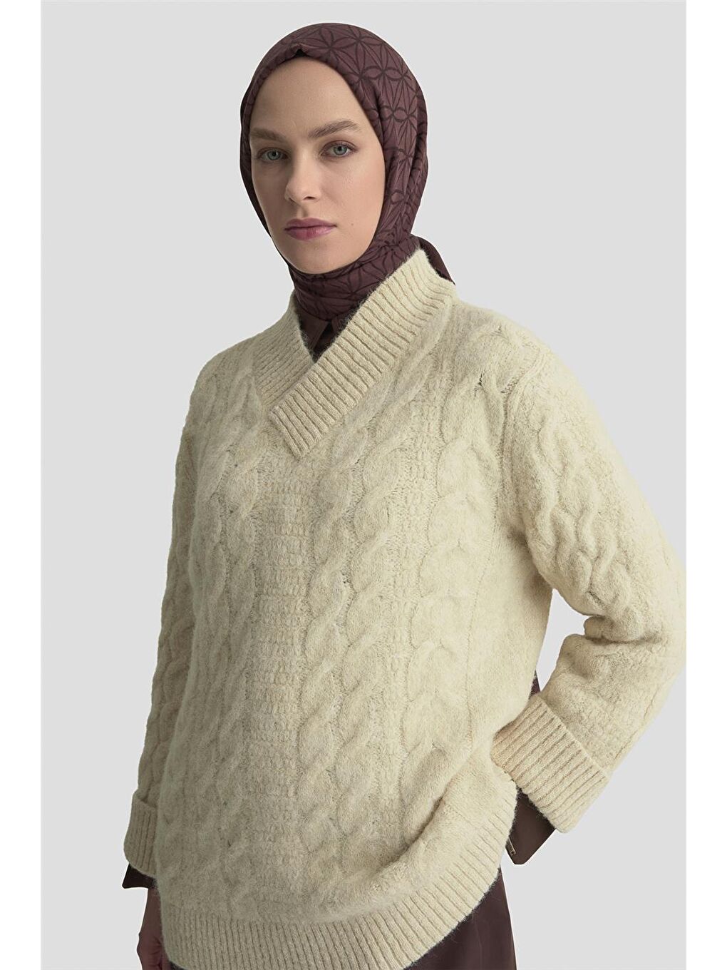 Saç Örgü Desenli Kazak 25Kd6002 Bej-3