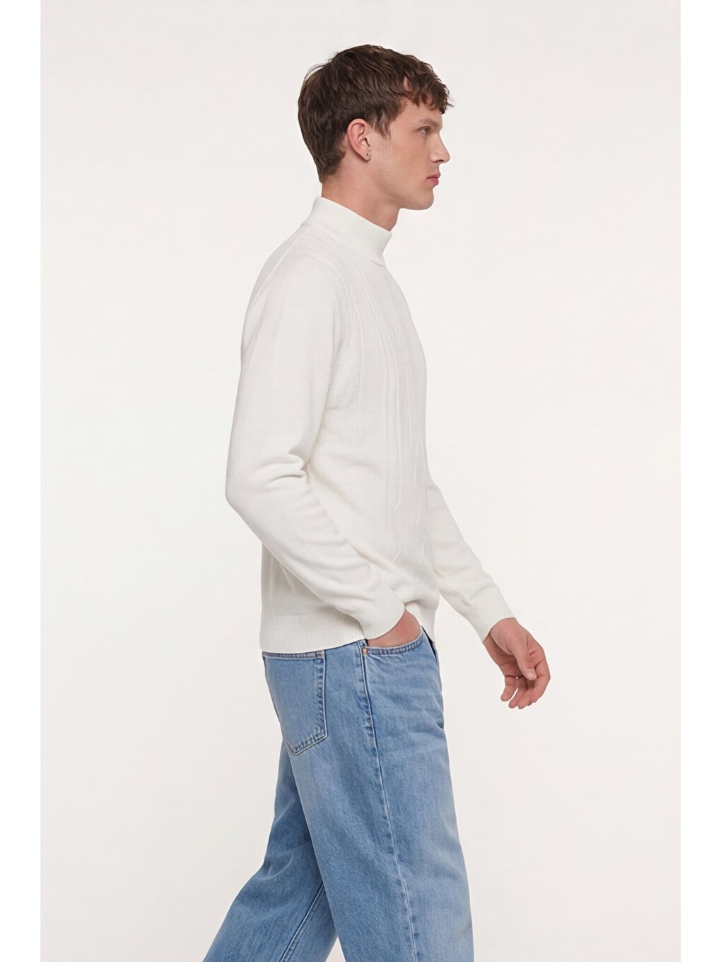 Beyaz Kemik Slim Fit Yarım Balıkçı Yaka Yünlü Triko Kazak-2