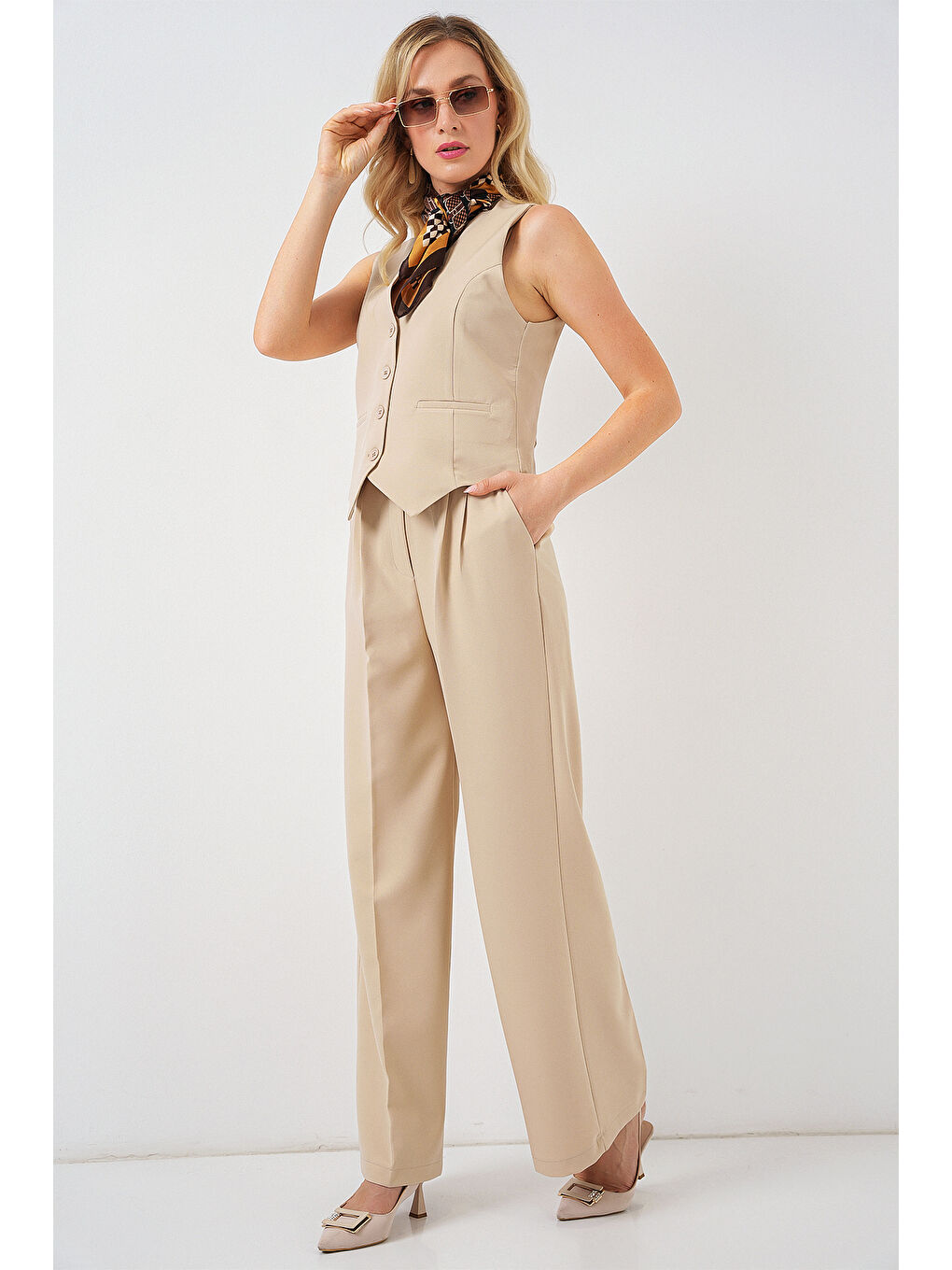 6709 Kadın Yelek Pantolon İkili Takım - Bej-3