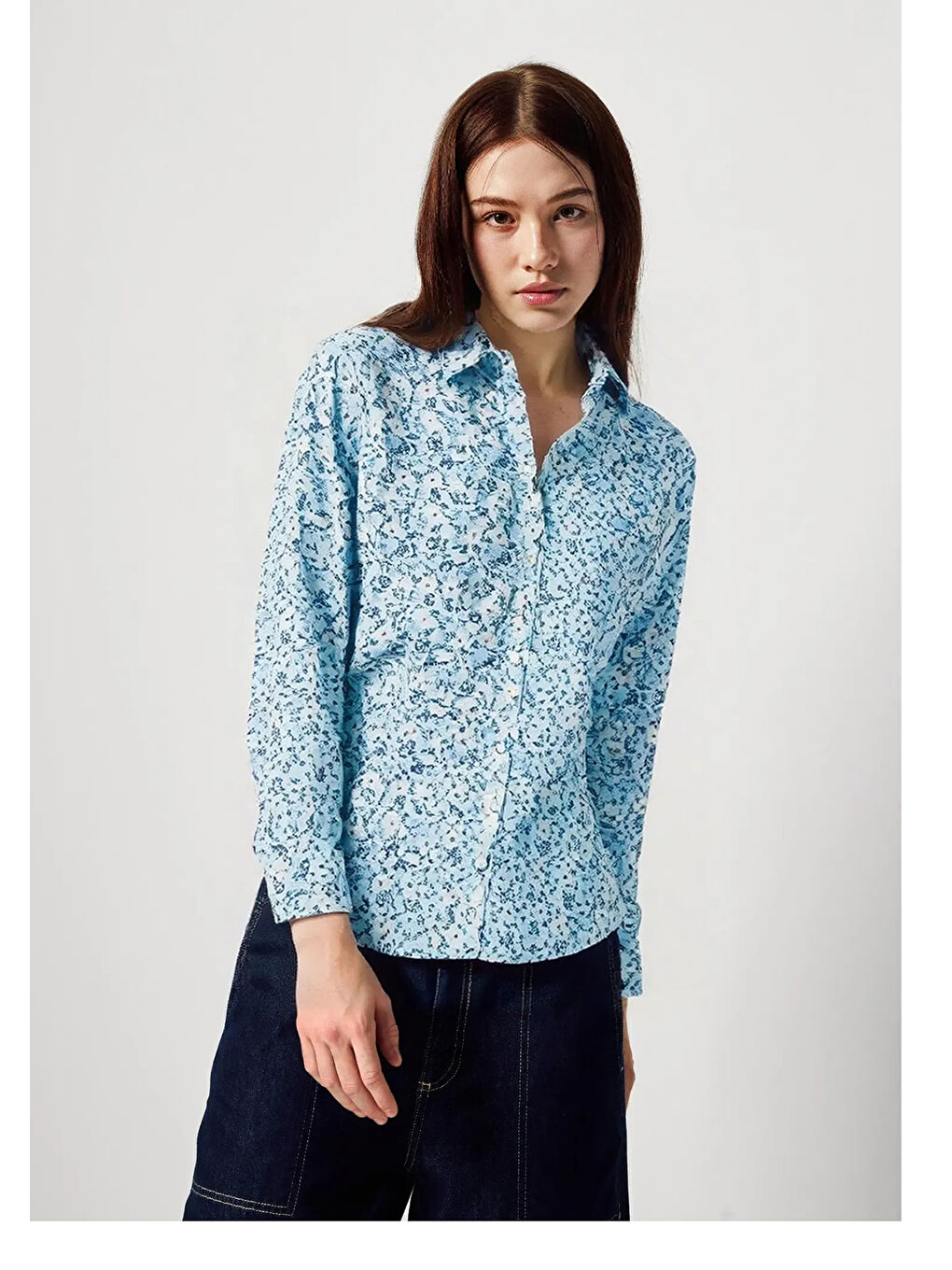 Kadın Mavi Mix %100 Pamuk Desenli Regular Fit Gömlek-4