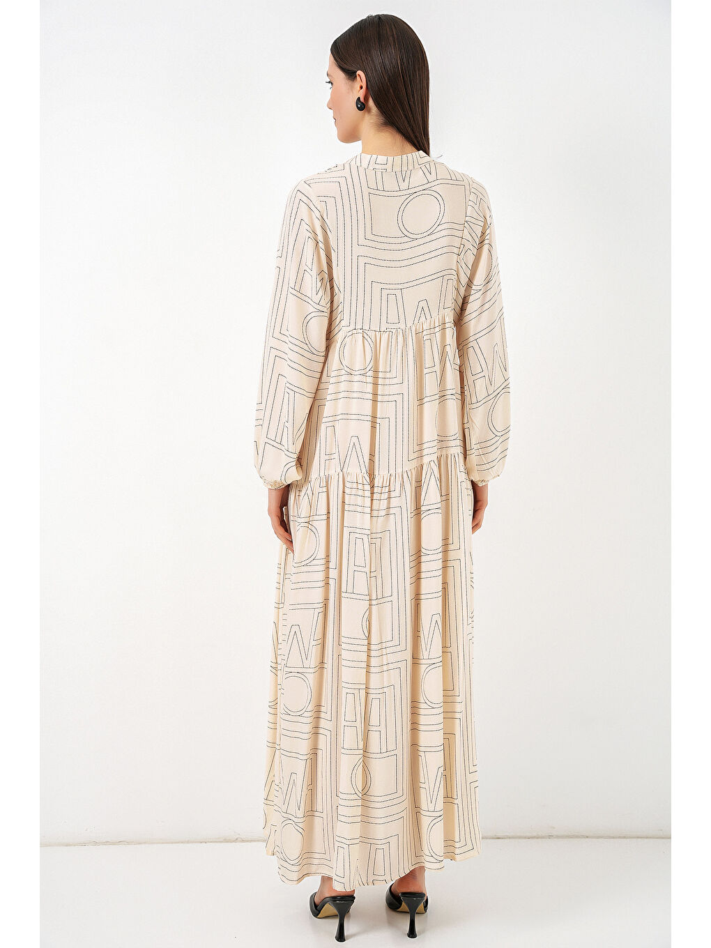 Ekru Kadın Desenli Uzun Tesettür Elbise 2585 - Düz Krem-5