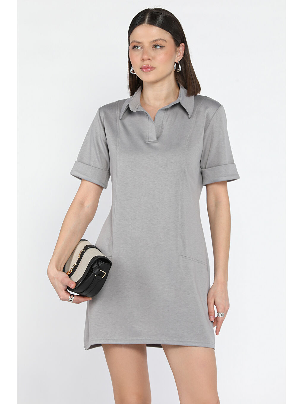 Gri Polo Yaka Duble Kol Kadın Elbise