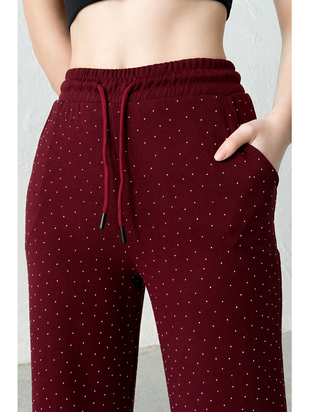 Bordo Kadın Taşlı Yüksek Kalite Beli Bağcıklı Yüksek Bel Pantolon-1